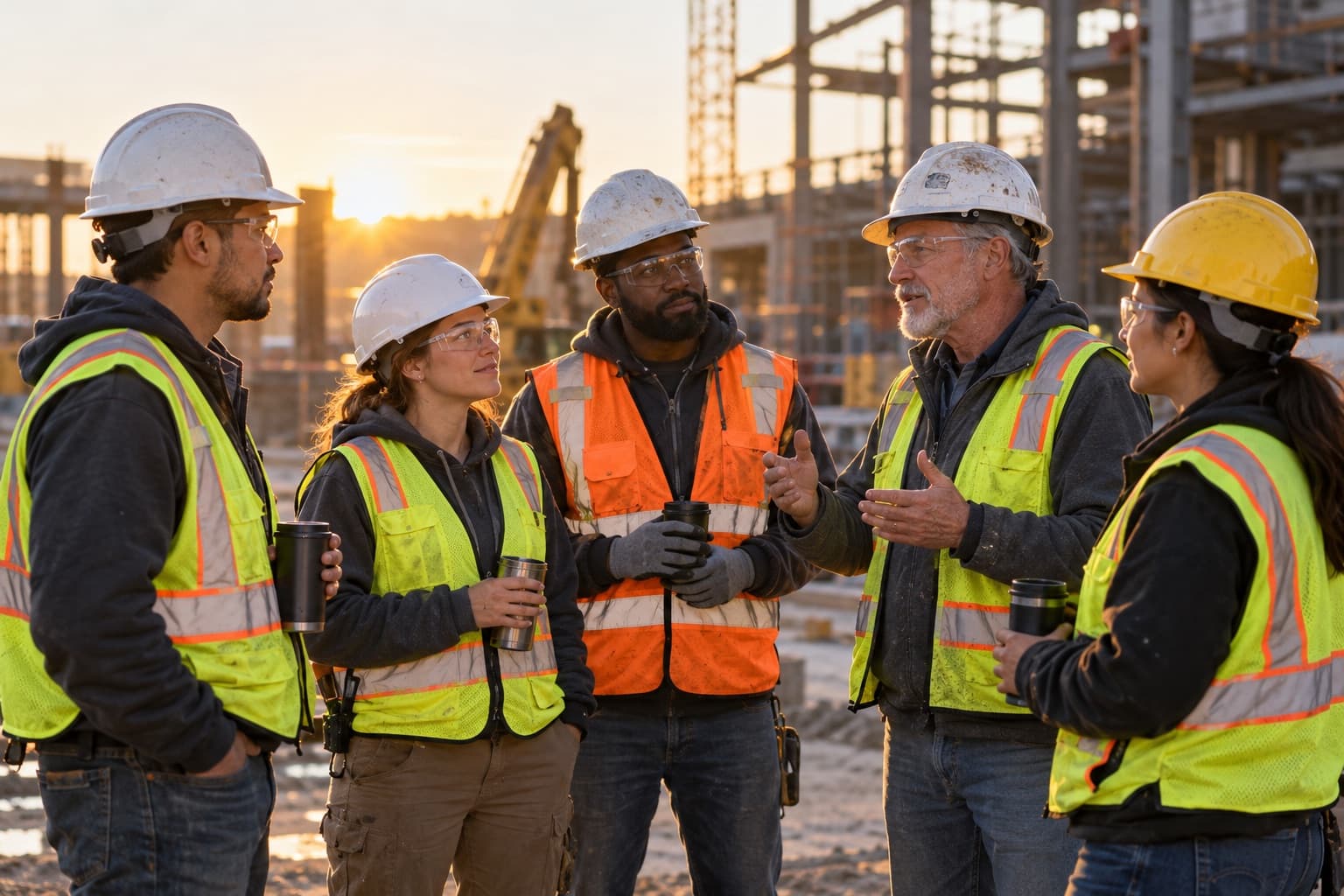 A construction crew at a morning huddle on a job site