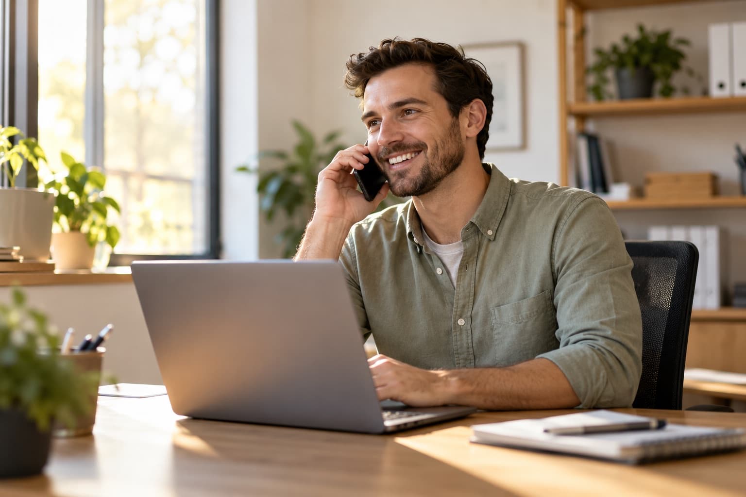 An HR manager on a call at his desk
