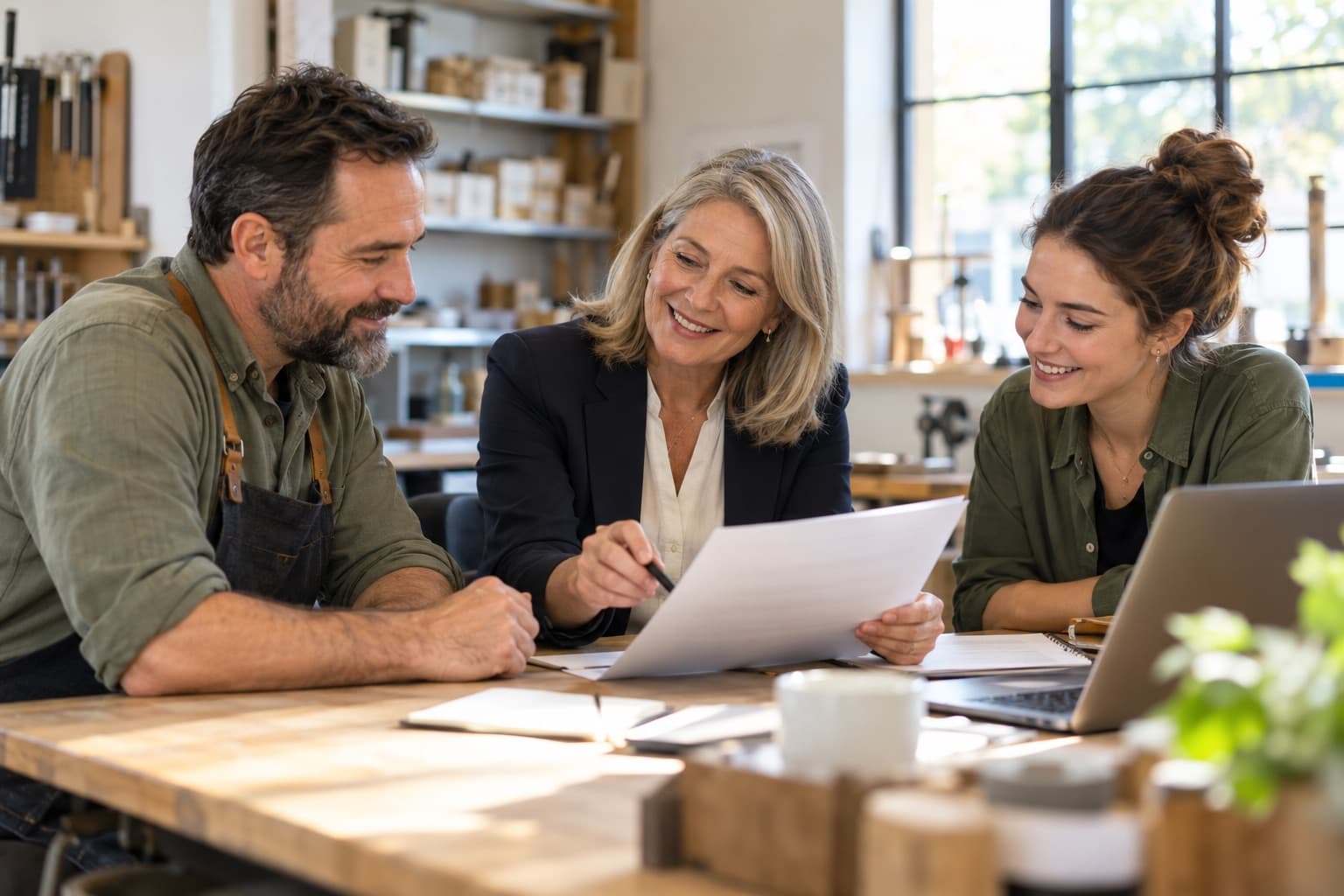 An HR consultant reviewing a document with a small-business owner and their HR manager
