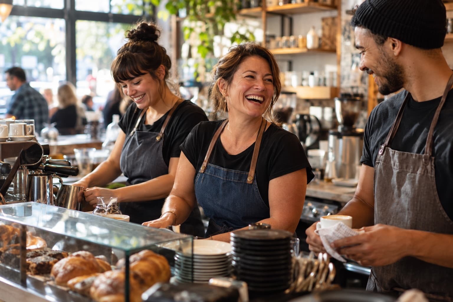 A cafe owner laughing with her staff behind the counter